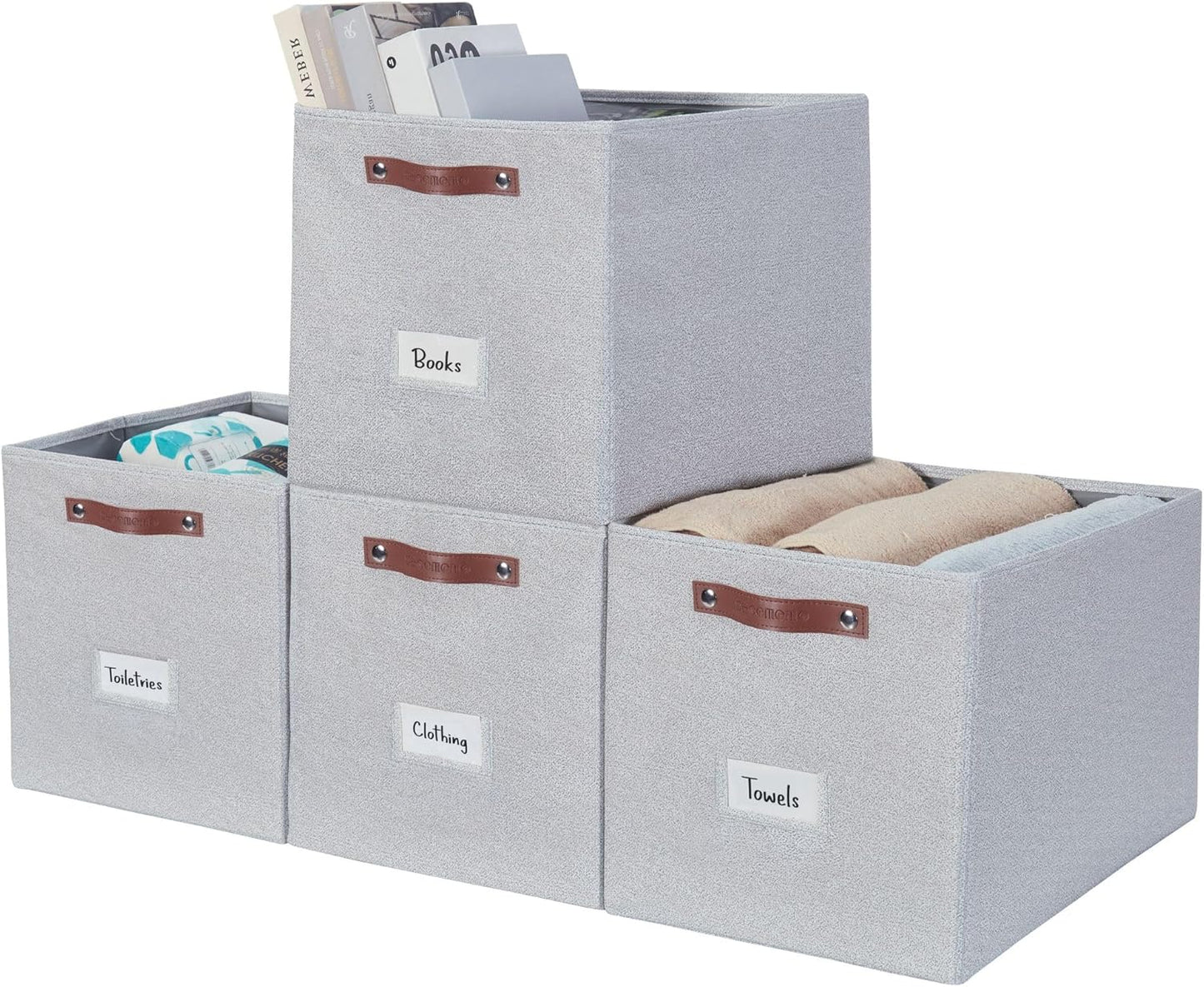 DECOMOMO Storage Baskets, 13x15x13 Storage Cube Bins with Labels for Organizing Shelves (Kallax / 4pcs, Light Grey)