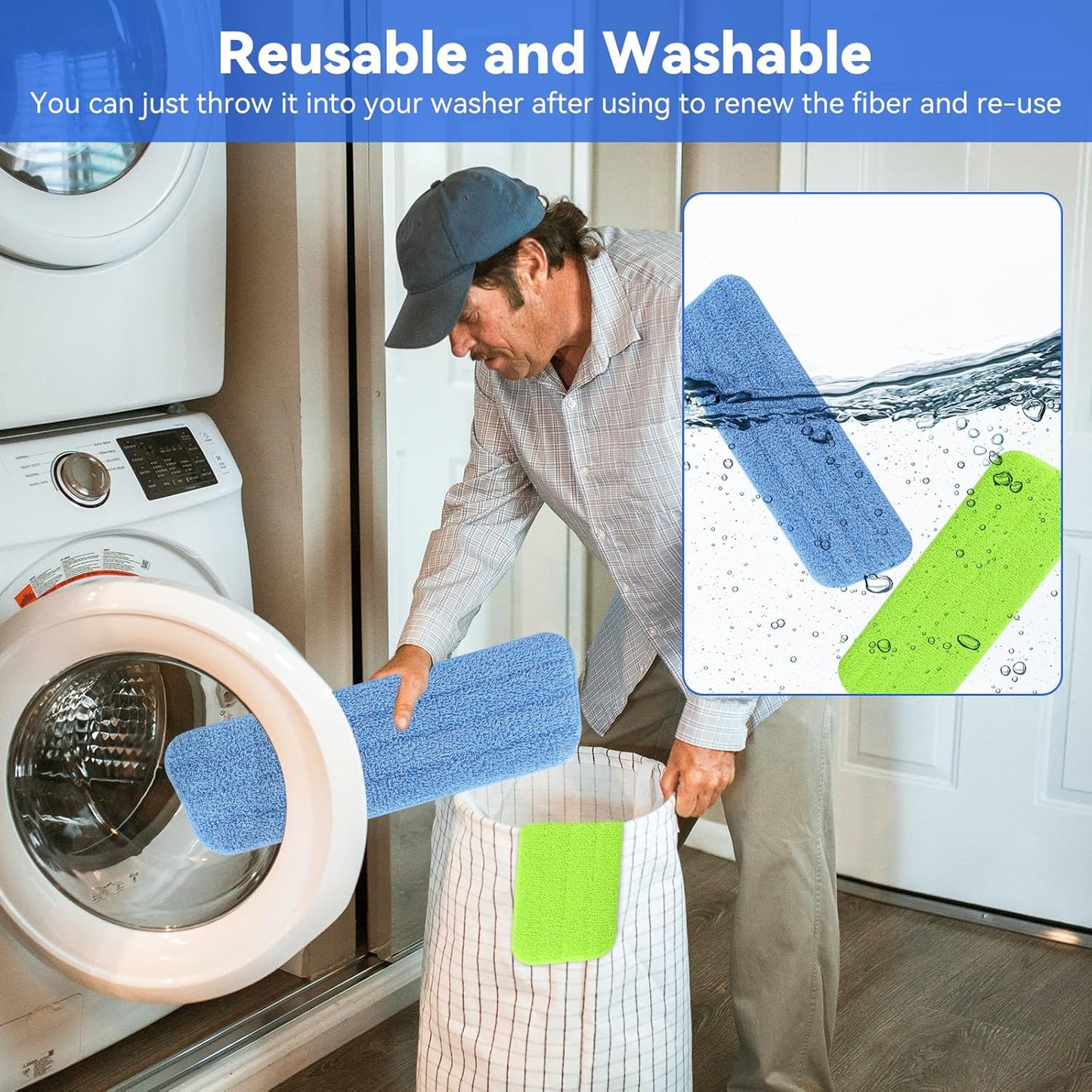16.5 inch Microfiber Mop Pads for Rubbermaid Reveal Spray Mop and Any 16.5" Flat Mop - 10 Pack 13''-15'' Spray Mop Pad Reusable Washable Replacement Refills - Blue & Green