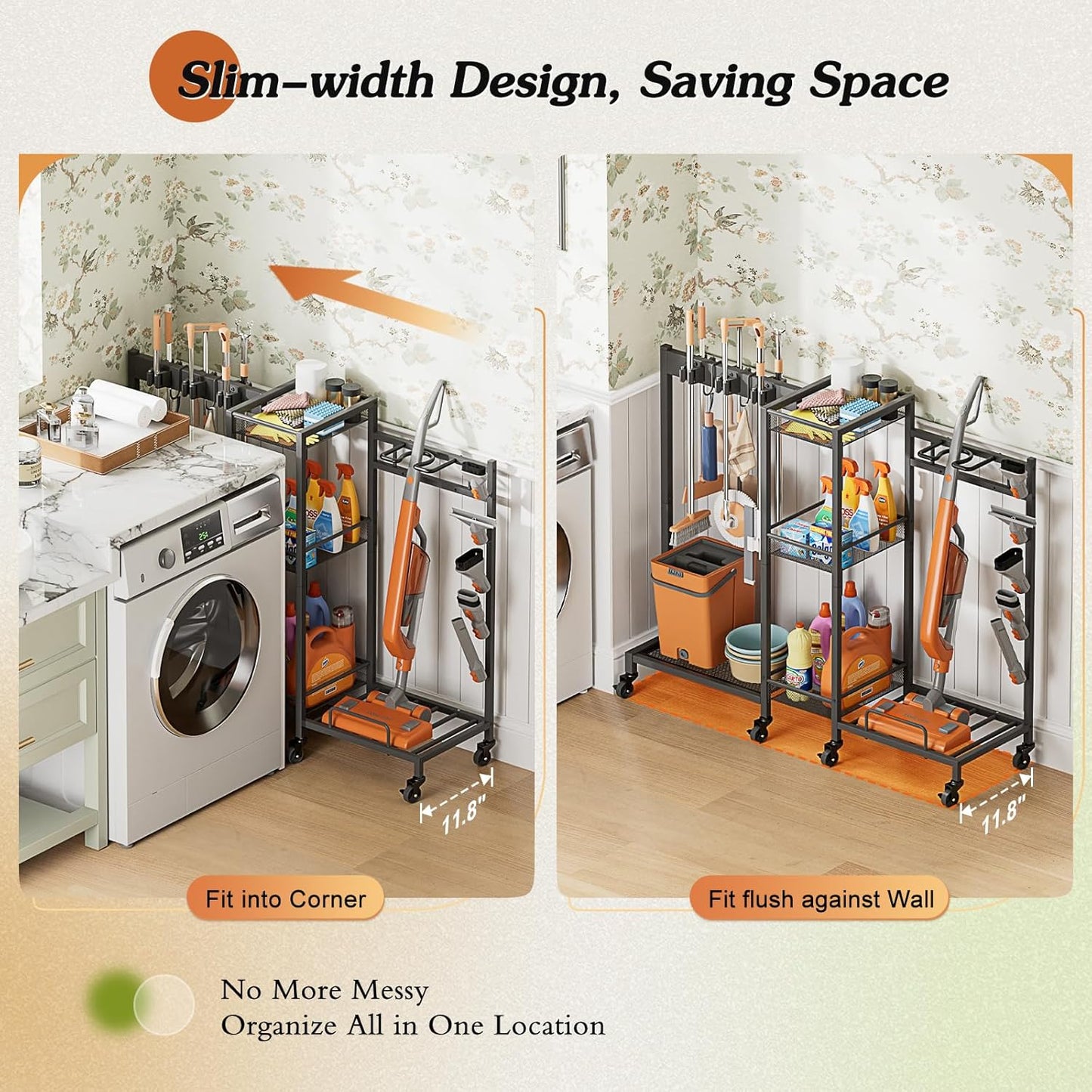 Broom Holder with Cleaning Supplies Organizer, Broom Closet Storage Cabinet with Cleaning Caddy Vacuum Stand, Cleaning Cart with Mop Hanger Gripper Rack Hook, Laundry Room Organization Home Essentials