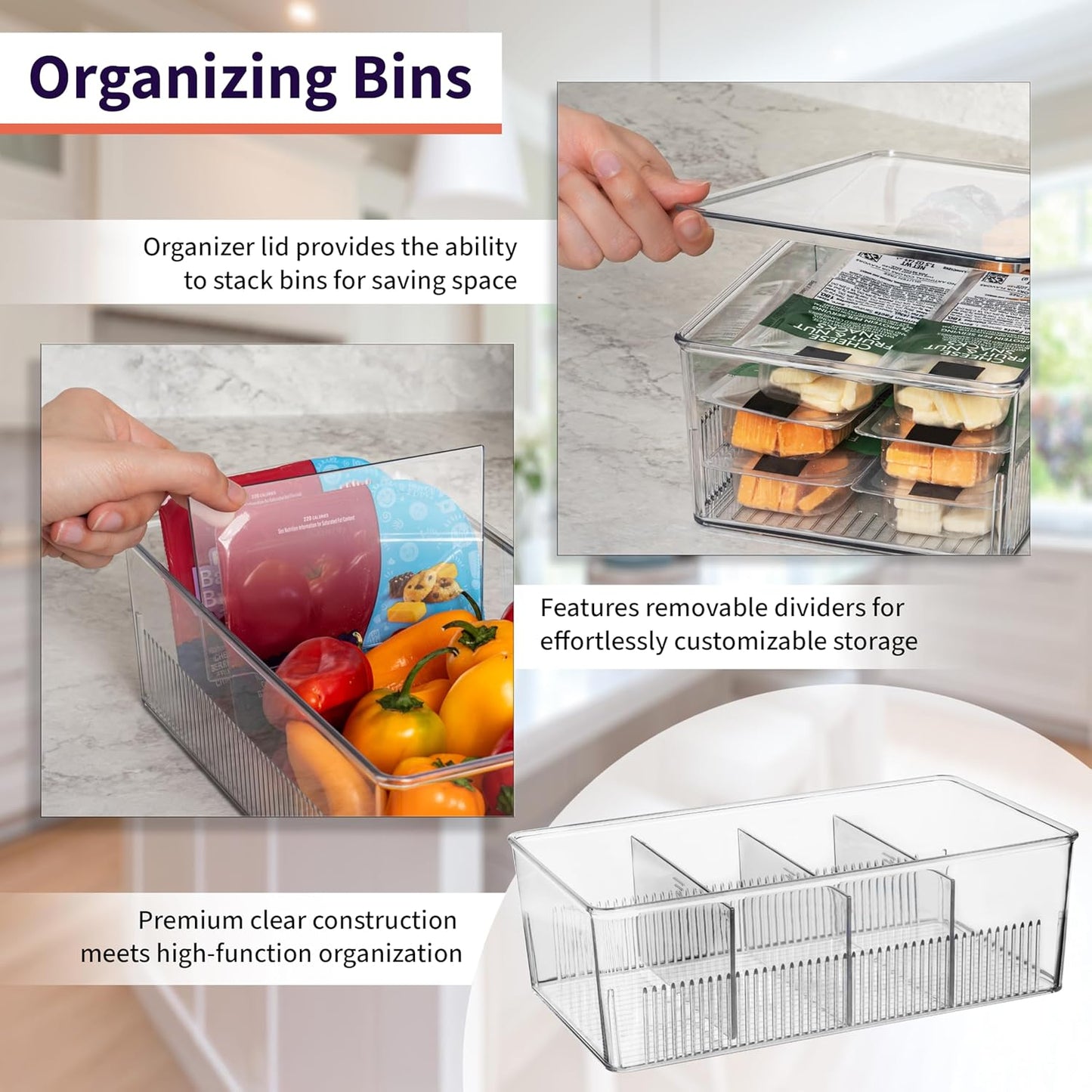 ClearSpace Plastic Pantry Organization and Storage Bins with Dividers & Lids – Perfect Kitchen Organization or Kitchen Storage – Fridge Organizer, Refrigerator Bins, Cabinet Organizers, 2 Pack