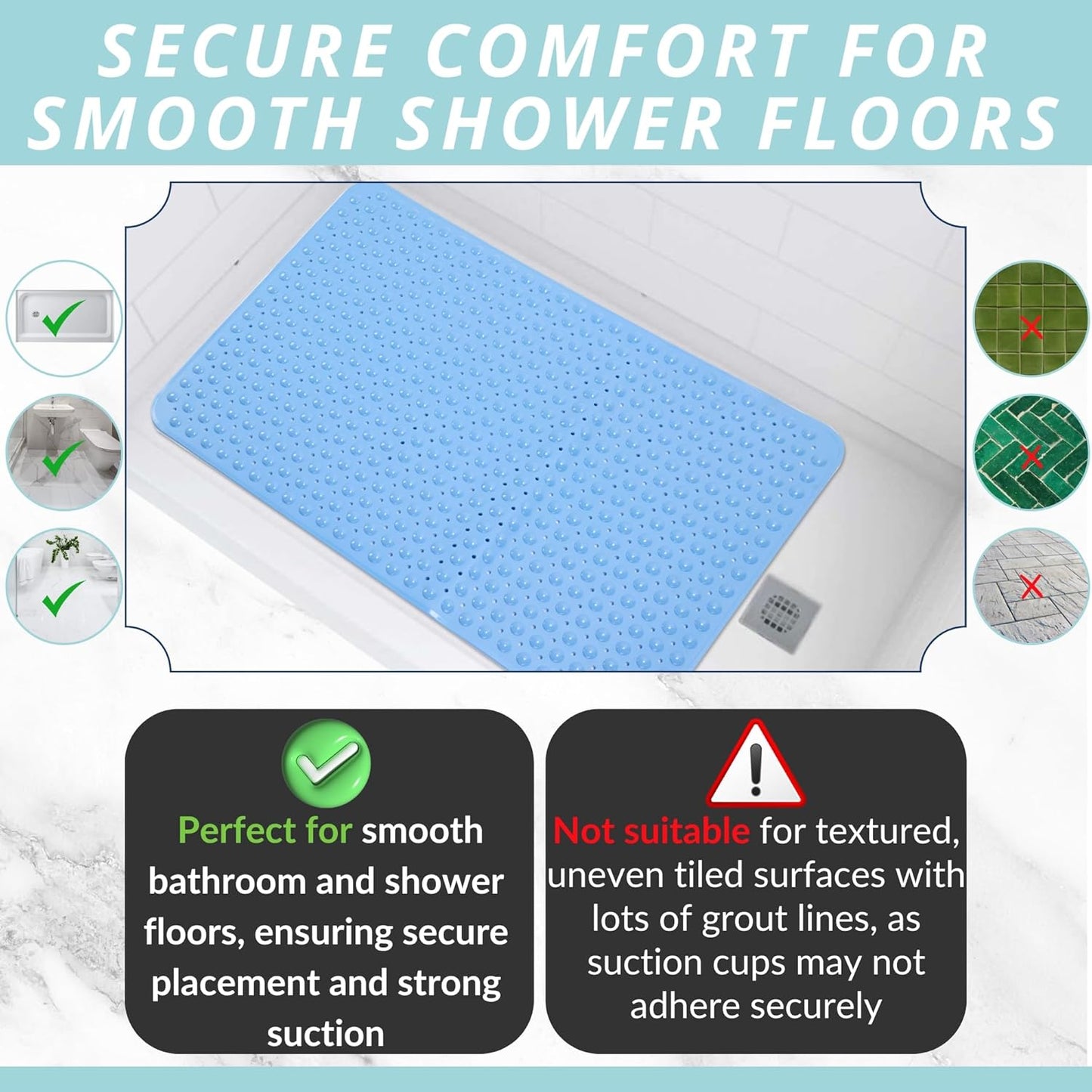 ENKOSI Extra Large Shower Mat Non Slip - 47 x 32 inch - XL Bathroom Shower Mat - Large Shower Matts for Shower Stall Floors - Secure Suction Cups and Drain Holes (47x32 Aqua Blue)