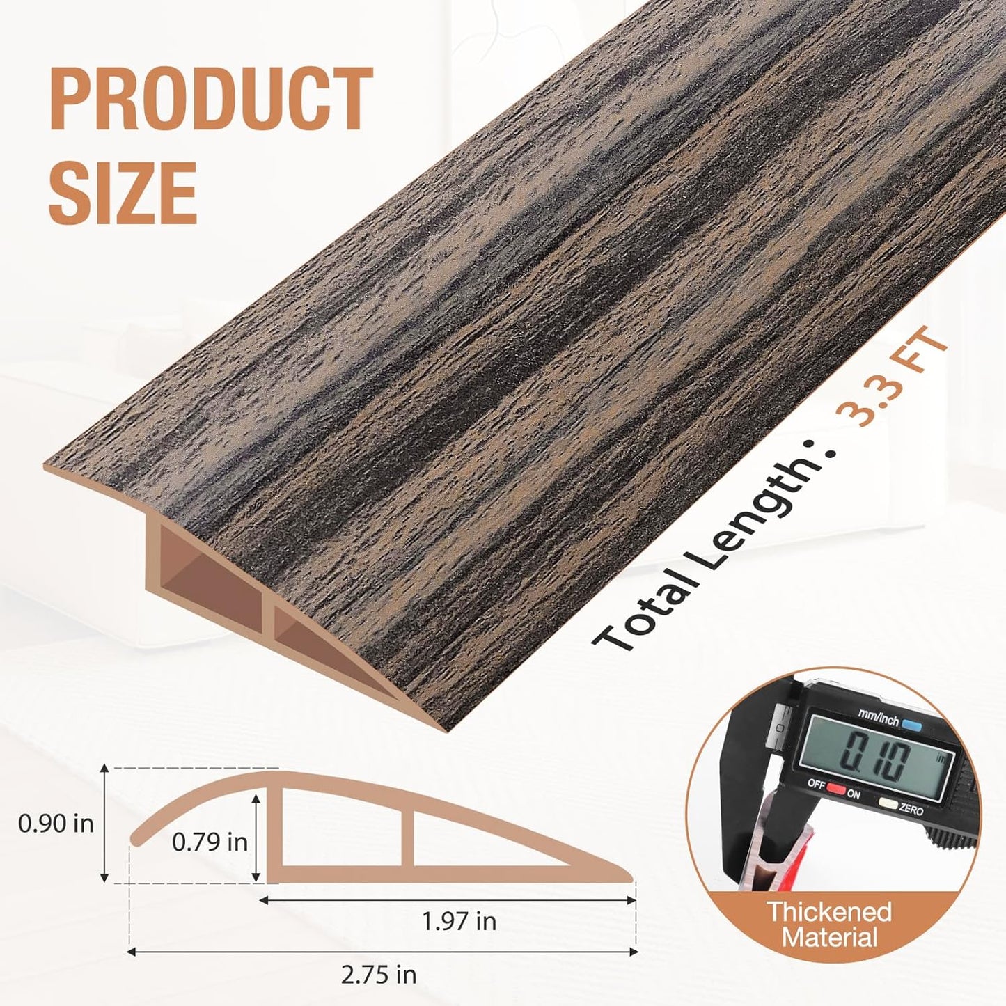 Floor Transition Strip Self Adhesive Vinyl Door Threshold for Doorways Carpet Edging Trim Overlap Edge Reducer for Laminate Floor, Carpet, Tile (Smoked Brown Wood Grain, 3/5" to 4/5", 3.3Ft)