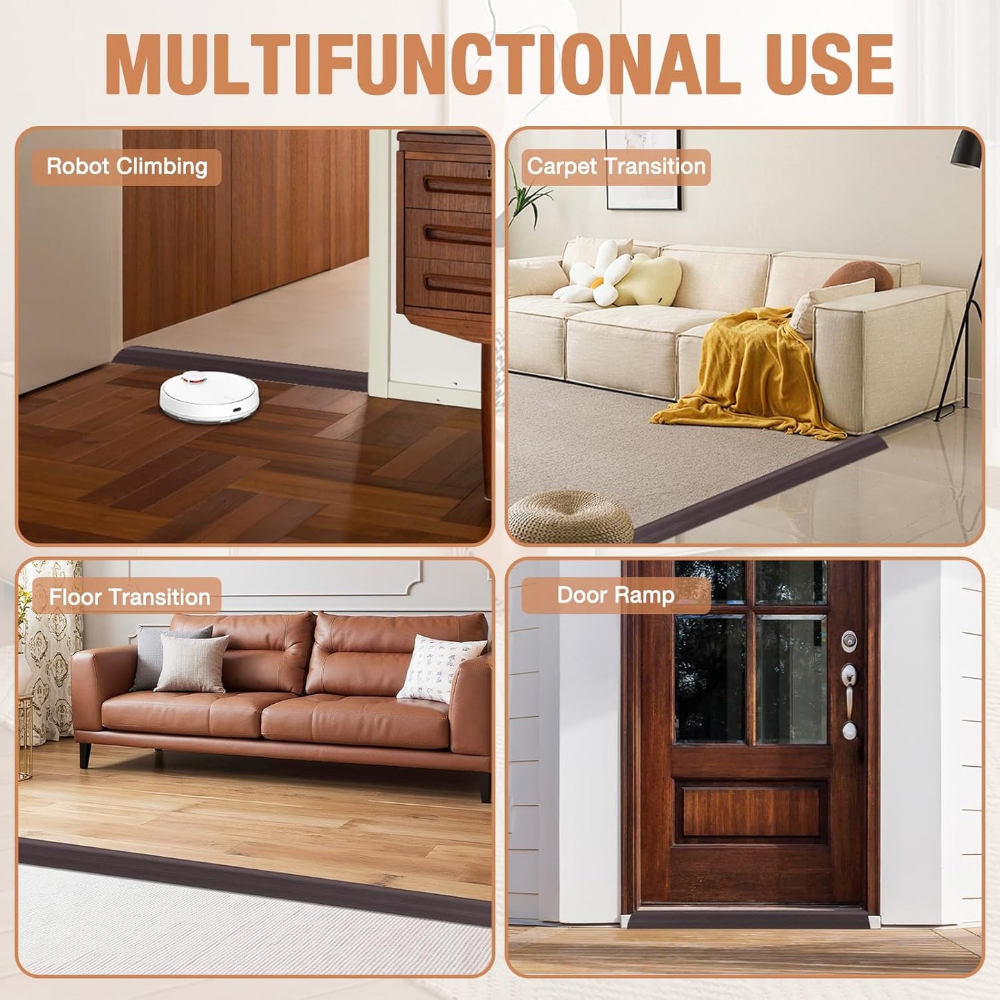 Floor Transition Strip Self Adhesive Vinyl Door Threshold for Doorways Carpet Edging Trim Overlap Edge Reducer for Laminate Floor, Carpet, Tile (Dark Walnut Grain, 2/5" to 3/5", 6.6Ft)