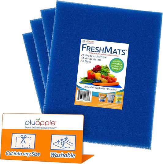 Bluapple FreshMats, Refrigerator Bin Liner, Fridge Drawer Mats, Crisper Life Extender Liner Keeps Produce Fresh Longer, Anti-Bruising, Helps Air Circulation, Washable & Reusable (4-Mats, 12x15, Blue)