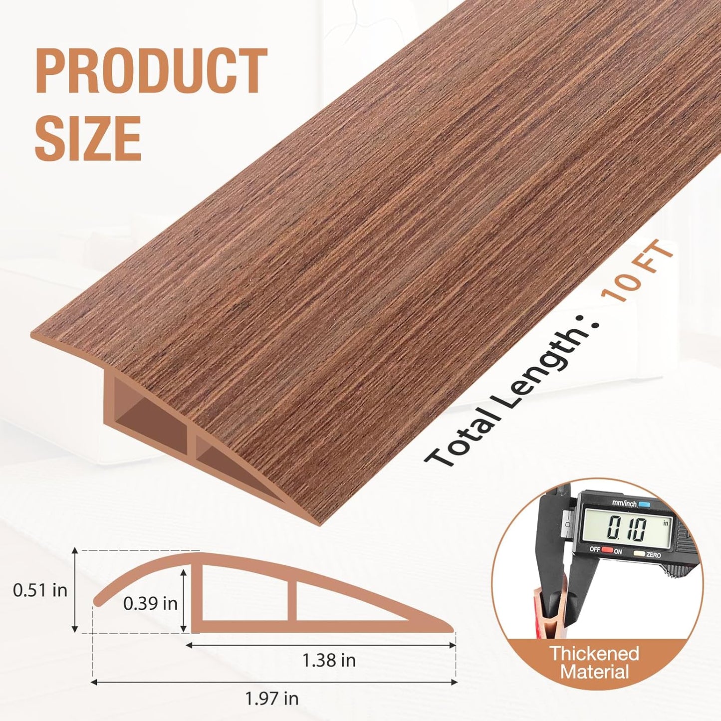 Floor Transition Strip Self Adhesive Vinyl Door Threshold for Doorways Carpet Edging Trim Overlap Edge Reducer for Laminate Floor, Carpet, Tile (Light Brown Wood Grain, 1/5" to 2/5", 10Ft)