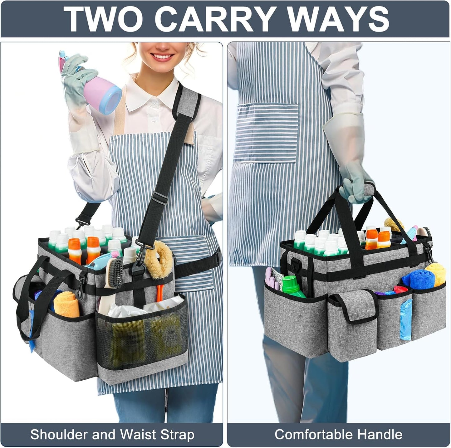 Cleaning Caddy Bag,Large Cleaning Supplies Organizer with Handle for Housekeepers,Gray