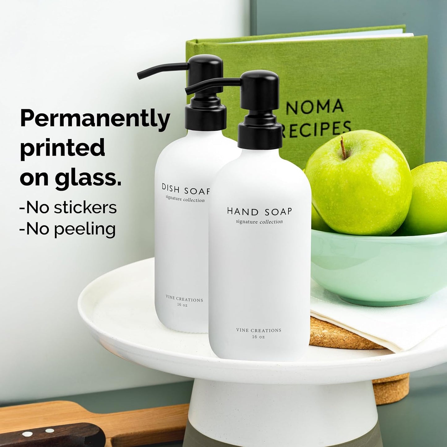 Vine Creations White Glass Soap Dispenser Set, Dish Soap and Hand Soap Dispenser Set with Stainless Steel Pump, 16 oz Glass Dispensers for Kitchen or Bathroom Decor (Matte White Bottle/Matte Black)