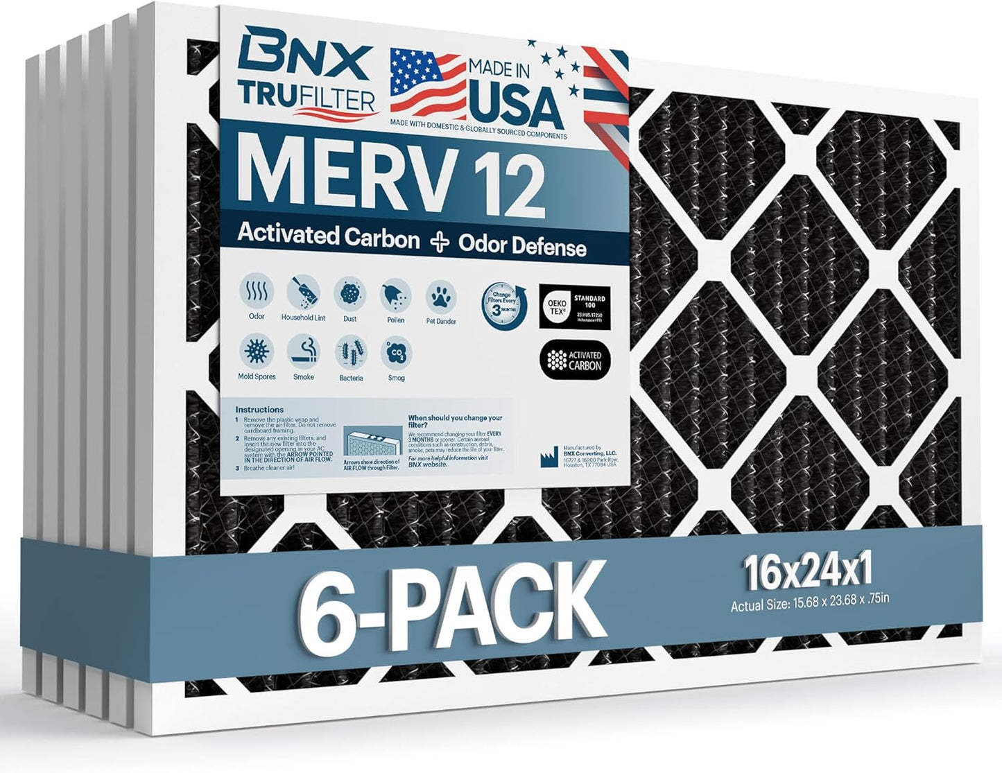 BNX TruFilter 16x24x1 MERV 12 Odor Defense (6-Pack) AC Furnace Air Filter with Activated Carbon - MADE IN USA - Pleated Air Conditioner HVAC AC Furnace Filters - Removes Odor, Mold, Bacteria, Smoke