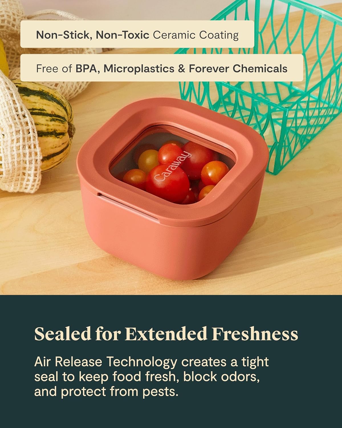 Caraway 2pc Glass Food Storage Set - 1.75 Cup Food Containers (2) - Non-Toxic Ceramic-Coated Glass - Air Release Technology - Compact & Stackable Design - Perracotta