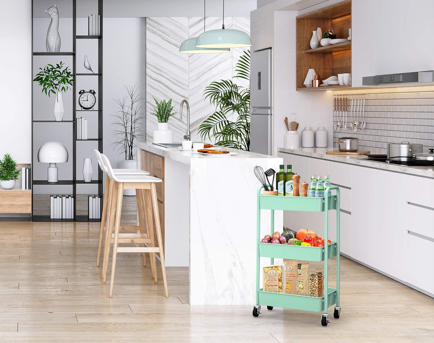 CAXXA 3-Tier Rolling Metal Storage Organizer - Mobile Utility Cart, Kitchen Cart with Caster Wheels (Aqua Green)