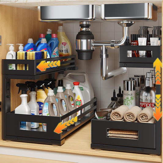 2-Pack 17"Deep Under Sink Organizer And Storage, 2-Tier L-Shaped Pull Out Cabinet Organizer with Upgraded Slide Rails, Height Adjustable Drawers for Kitchen&Bathroom, Extra-Large Storage Shelves–Black