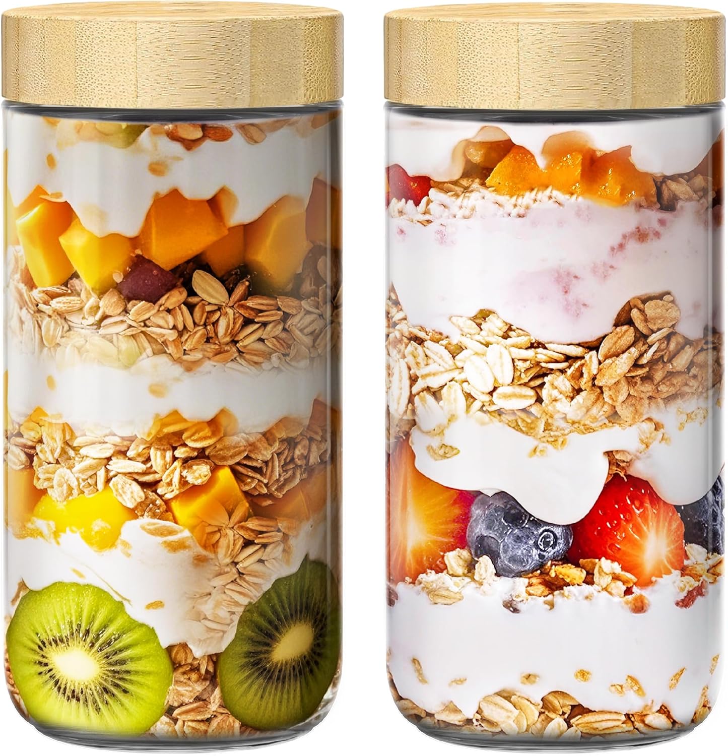 2 pack 24oz Overnight Oats Containers with Bamboo Lids, Glass Jars with Airtight Lids for Meal Prep, Wide Mouth Mason Salad Jars, Glass Food Storage Container for Yogurt Chia Snacks Spice Sugar