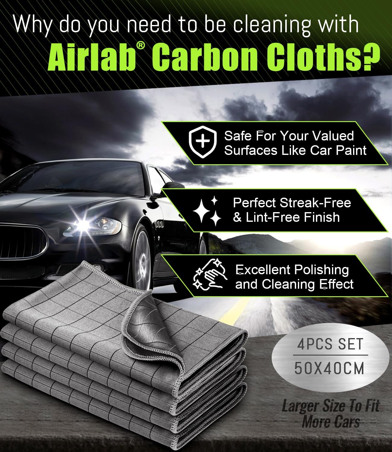Airlab Carbon Microfiber Towels for Car Drying Window Glass Cleaner Magic Cleaning Cloth Auto Detailing Car Wipes Lint Free Rags Large Towel Interior Detailer, Pack of 4, 20" x 16", Grey