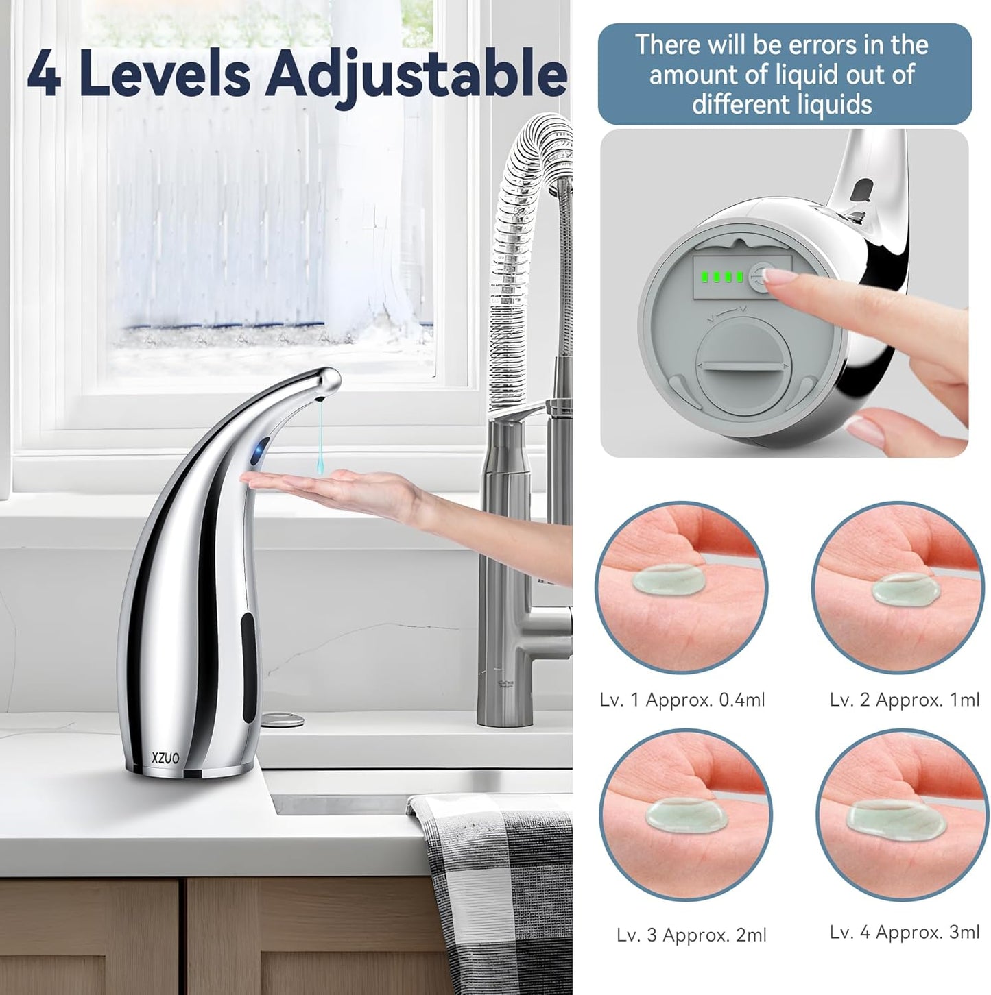 Automatic Soap Dispenser with Infrared Sensor - Adjustable 4-Level Touchless Hand Soap for Kitchen, Bathroom - Battery Operated Electric Dispenser, Durable Plastic, Smart Soap Holder (Silver)