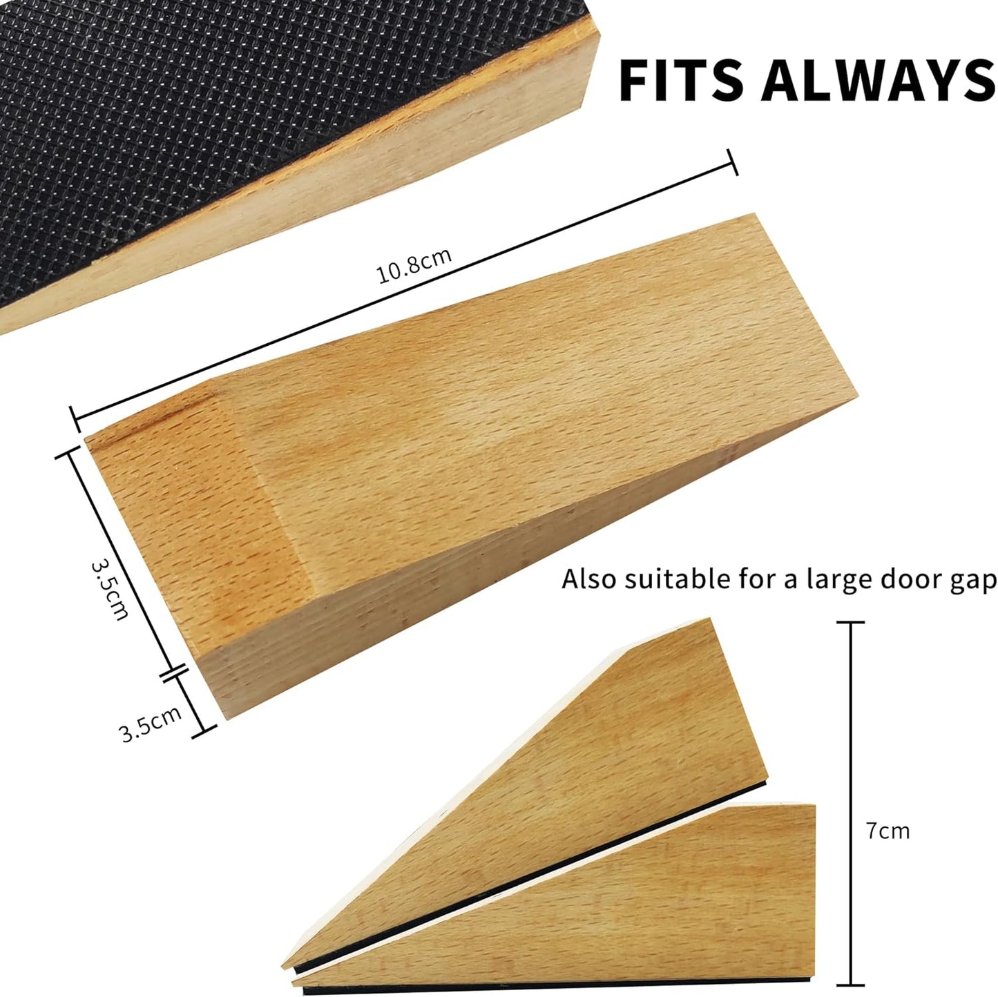 2 Pack Wooden Door Stop - Non-Slip Door Stoppers for Floor - Door Wedges for All Door Types and Surfaces - Each Door Stopper 1.4inch Thick, 4.3inch Long with Rubber