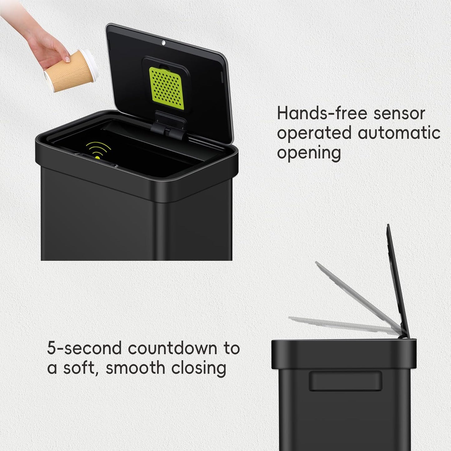 EKO Deluxe Mirage-T 50 Liter / 13.2 Gallon Touchless Rectangular Motion Sensor Trash Can, Matte Black Stainless Steel Finish