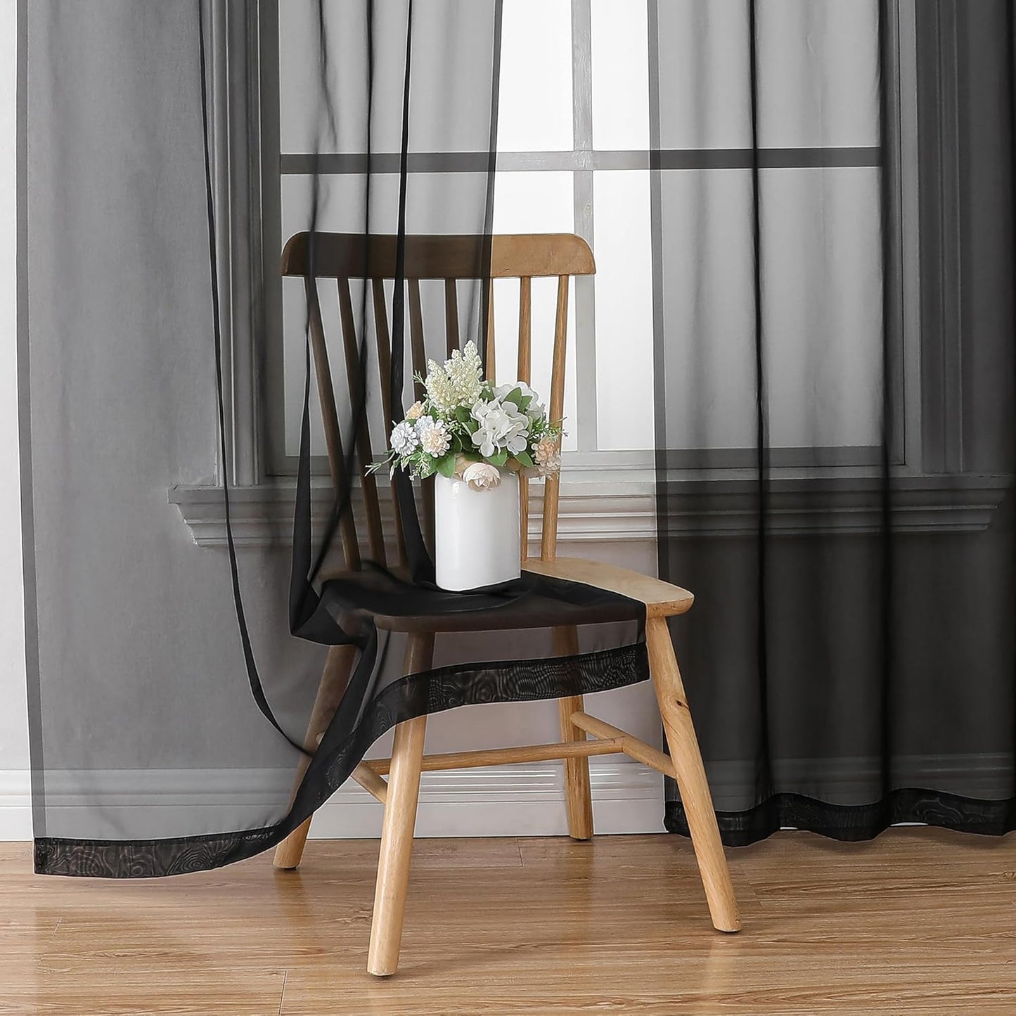 Chyhomenyc 2 Panels Solid Color Sheer Window Curtains 108 Inches Long, Elegant Window Voile Panels/Drapes/Treatment/Scarf for Bedroom Living Room Wedding Canopy (42X108 Inches, Black) 9 FT