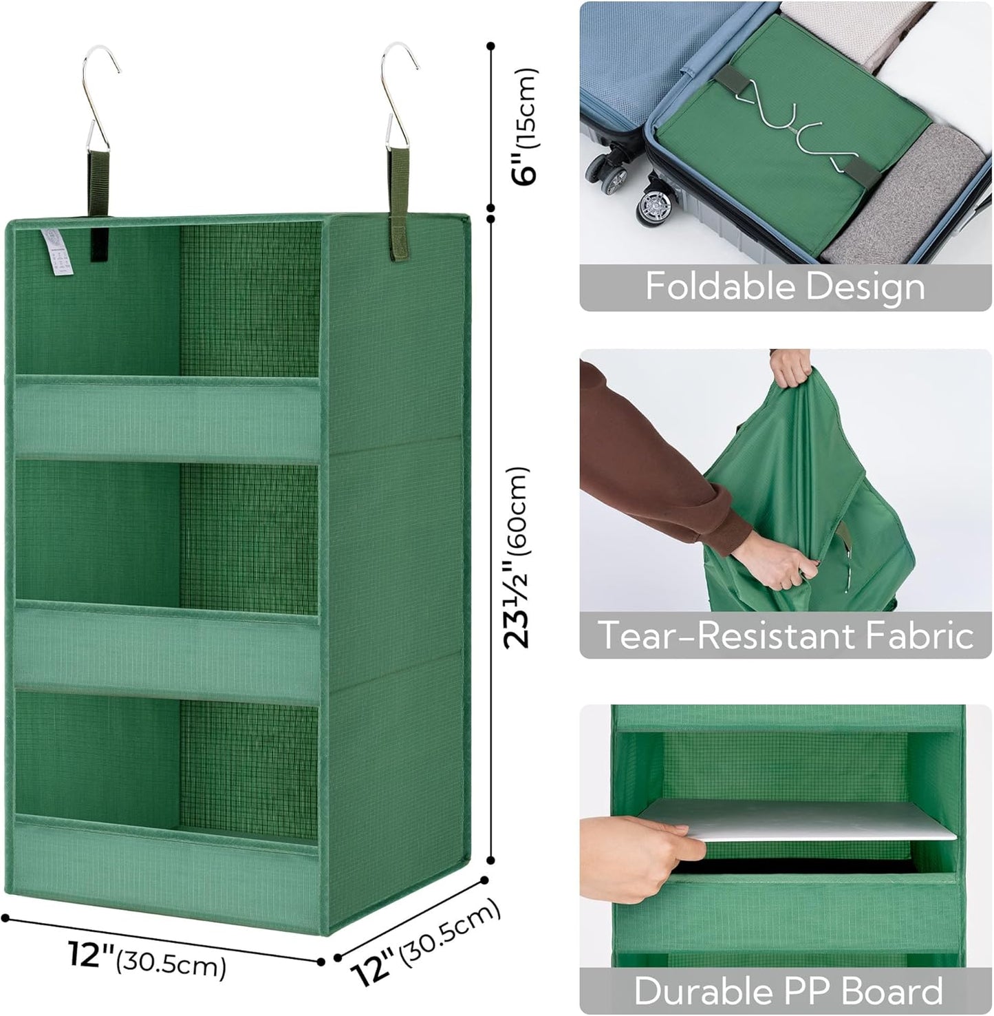 GRANNY SAYS 3-Shelf Closet Organizers and Storage, Foldable Hanging Closet Organizer, Hanging Closet Shelves with 2 Metal Hooks, Leak-Proof Closet Storage for Sweater, Clothes Organizer, Dark Green