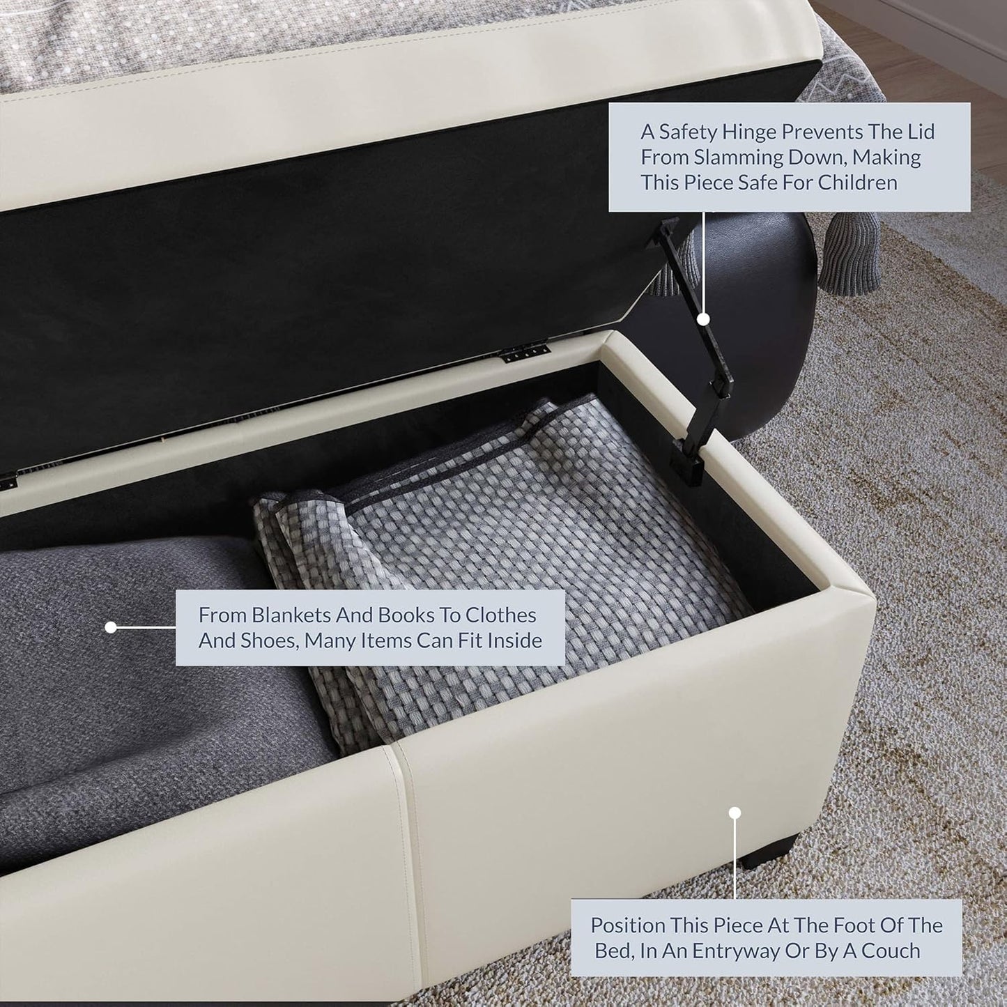 BELLEZE Storage Faux Leather Ottoman, 47 Inch Bench Bedroom Bench with Safety Close Hinge, Extra Long Ottoman with Storage for Living Room, Entryway, Foot Rest, Support 300lbs - Cream