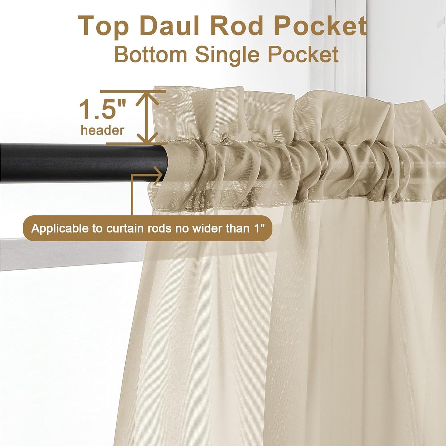 Chyhomenyc Taupe Sheer Curtains 63 Inch Length 2 Panels, Light Filtering Airy Rod Pocket Window Curtain Treatment Drapes for Bedroom Living, Each 42Wx63L Inches