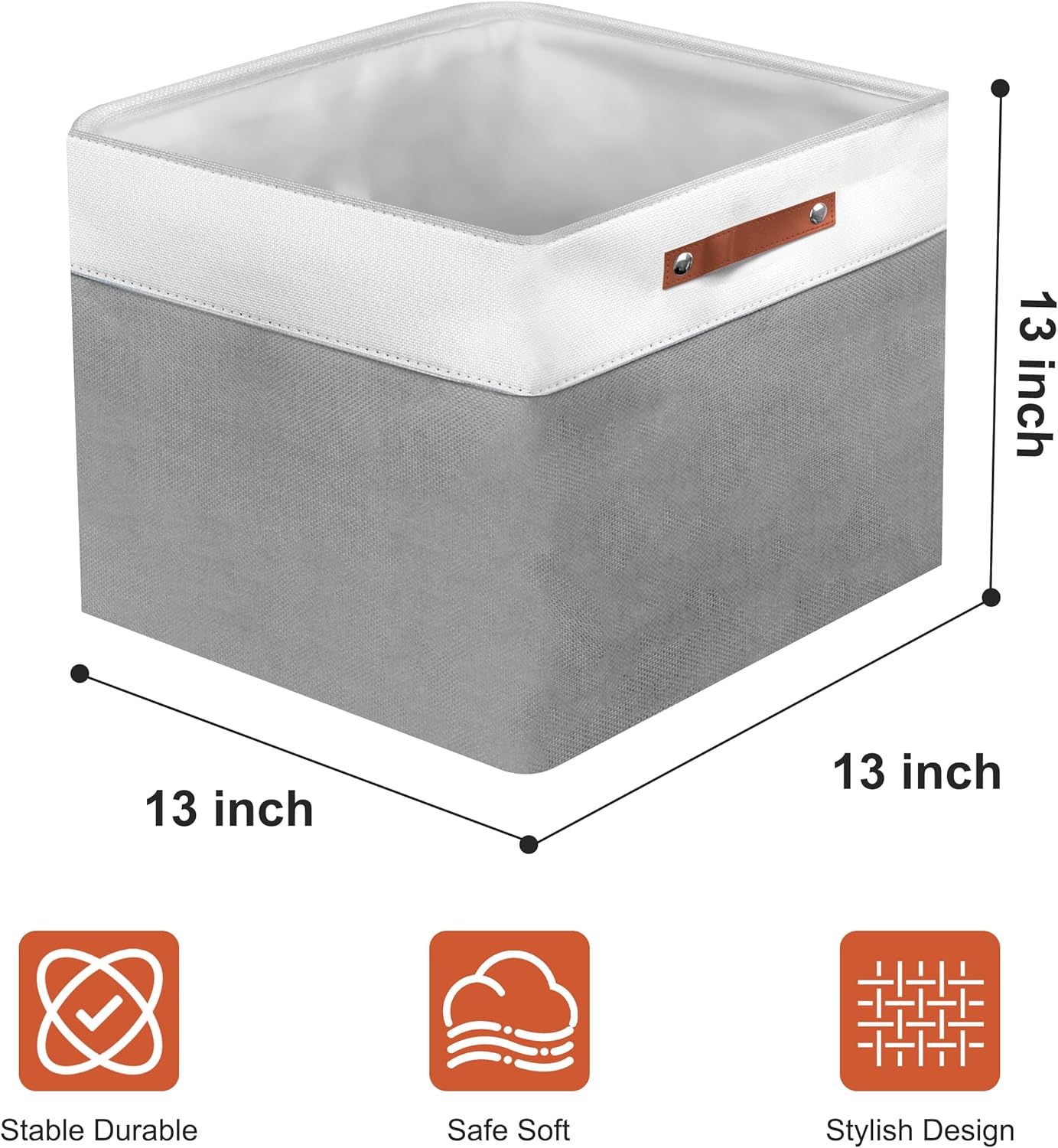 13in Open Fabric Storage Basket with Leather Handles for Organizing, Collapsible Linen Closet Bins for Shelves, Closets, Laundry, Decorative Basket for Gifts. (White＆Gray, 3PCS/13x13in)