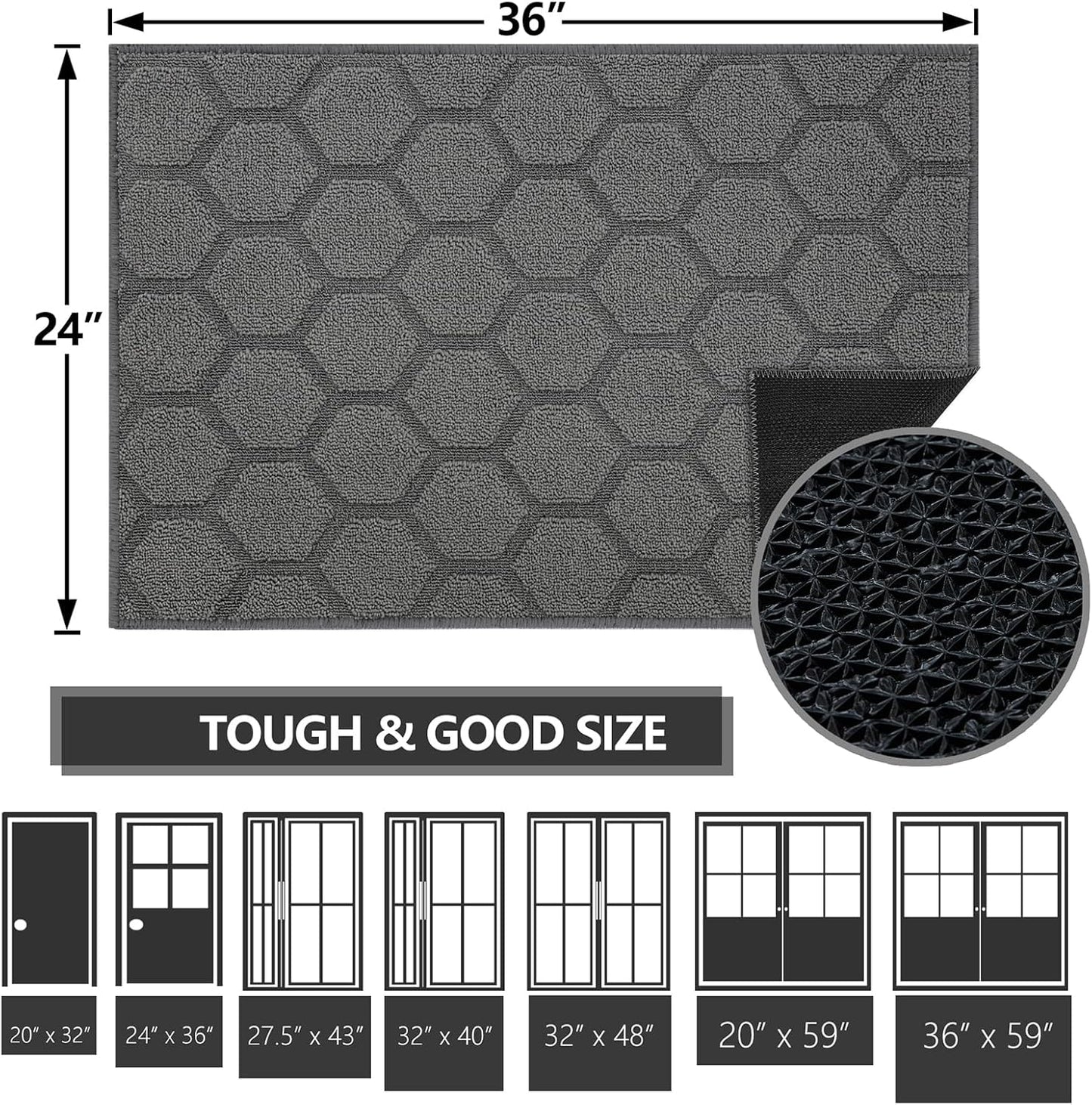 FONEYI Indoor Door Mat, Entrance Rug 24" x 36" Non-Slip Rubber Backing, Machine Washable Entry Rug, Low Profile Absorbent Dirt Trapper Doormat Inside Floor Mats for Entryway, Grey