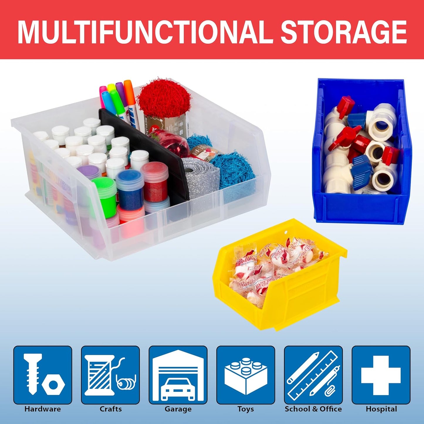 Akro-Mils 30230 AkroBins Plastic Storage Bins, Space-Saving Stackable Bins for Garage, Pantry, Craft Organization, 11-" x 5-" x 5-", Red, 12-Pack