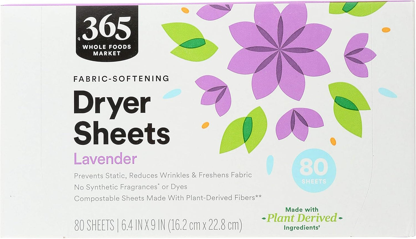 365 by Whole Foods Market, Lavender Fabric Softener Sheets 80 Count, 80 Count (Pack of 2)