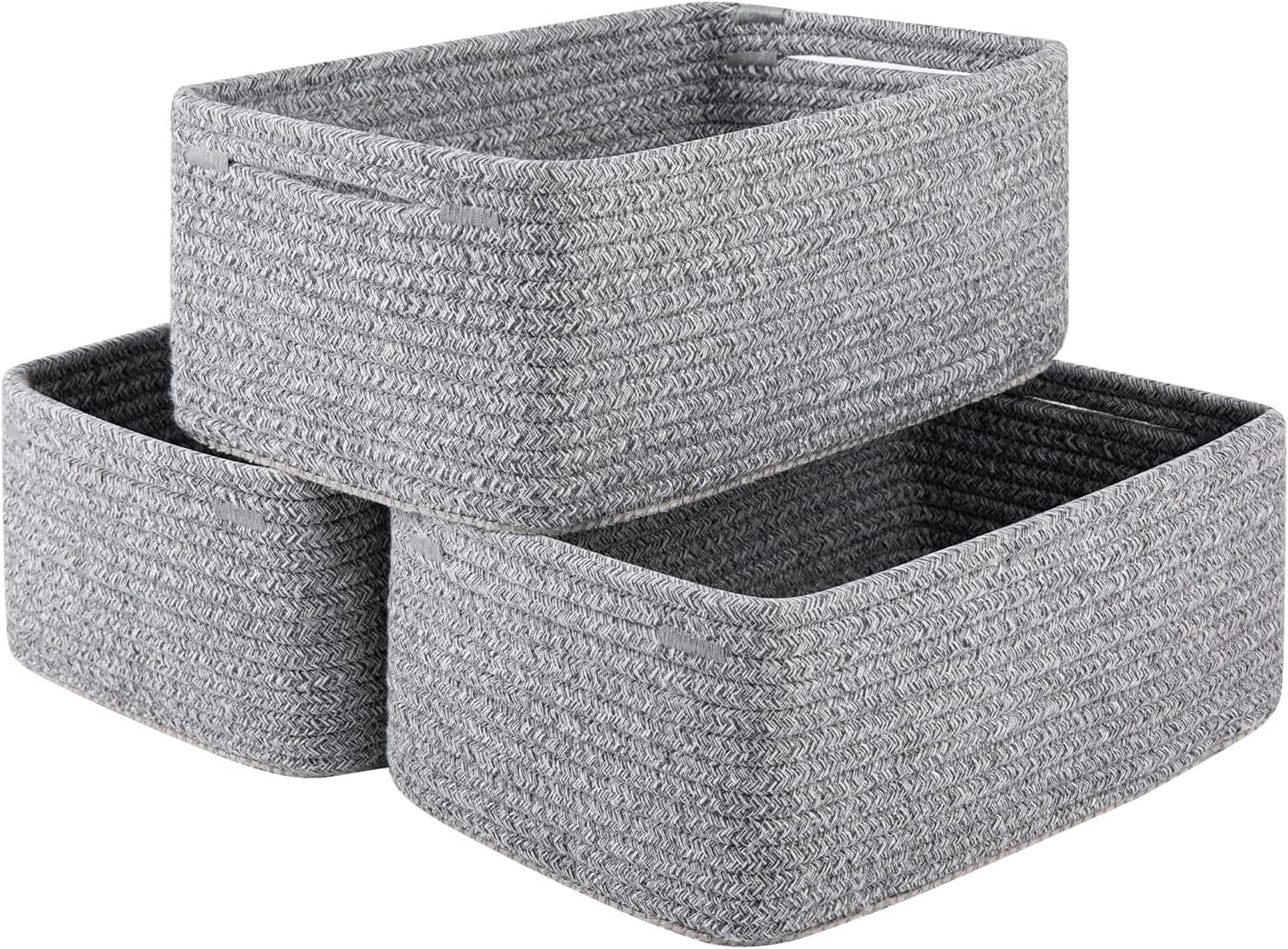 3 Pack Small Storage Baskets for Organizing, Cute Woven Decorative Gift Baskets for Shelves, Mini Closet Organizer Bins with Handles, 11.81''Lx7.87''Wx4.72''H-Grey