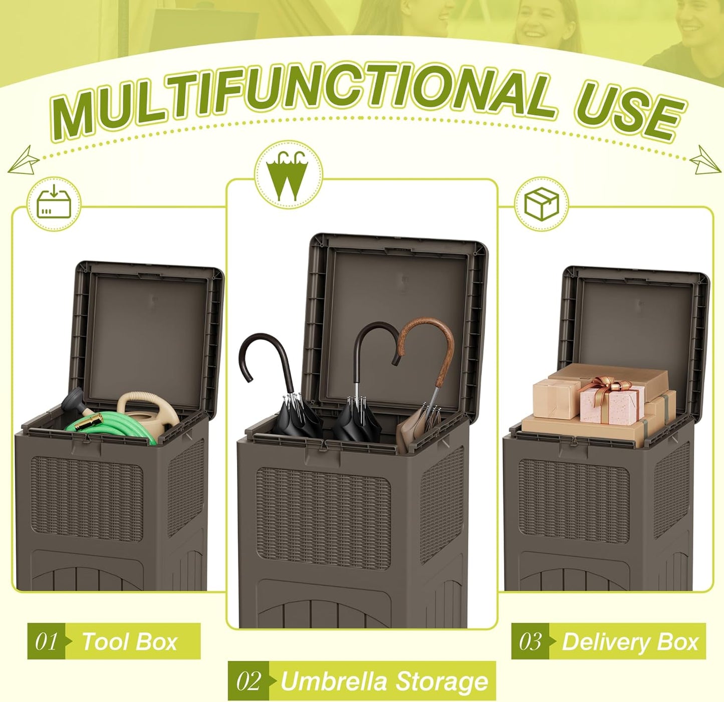 Greesum 33 Gallon Outdoor Trash Can with Lid, Waterproof Resin Garbage Bin for Hideaway, Deck, Patio, Dark Brown