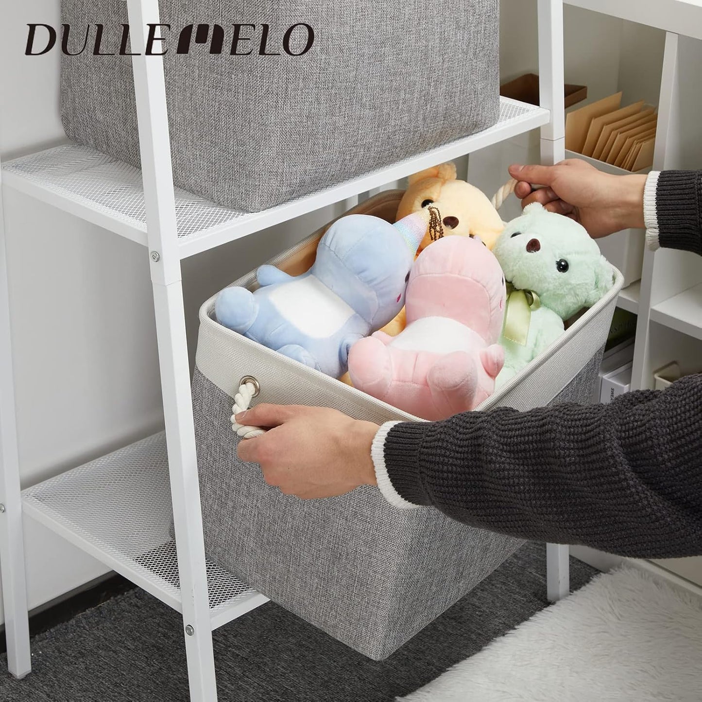 DULLEMELO Storage Baskets for Organizing 16x12x12 Large Fabric Storage Bins Baskets Set of 2 Collapsible Decorative Storage Boxes for Shelves Closets Nursery Toy Clothes (White And Grey)