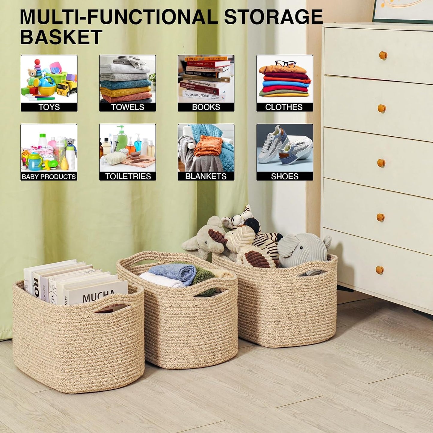 Decorative Storage Baskets for Organizing Shelves, Toy Basket for Nursery, Woven Cotton Rope Baskets for Decor, Towel Basket for Bathroom, 15"x11"x9.5", 3 Packs, Brown