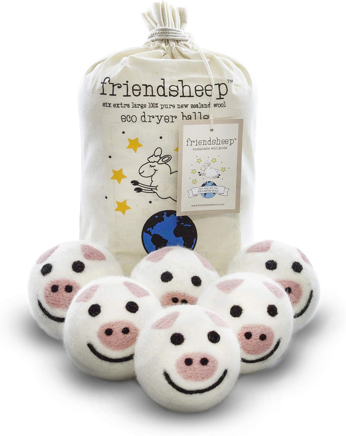 Friendsheep Wool Dryer Balls 6 Pack XL Organic Premium Reusable Cruelty Free Handmade Fair Trade No Lint Fabric Softener Pig - Piggy Band