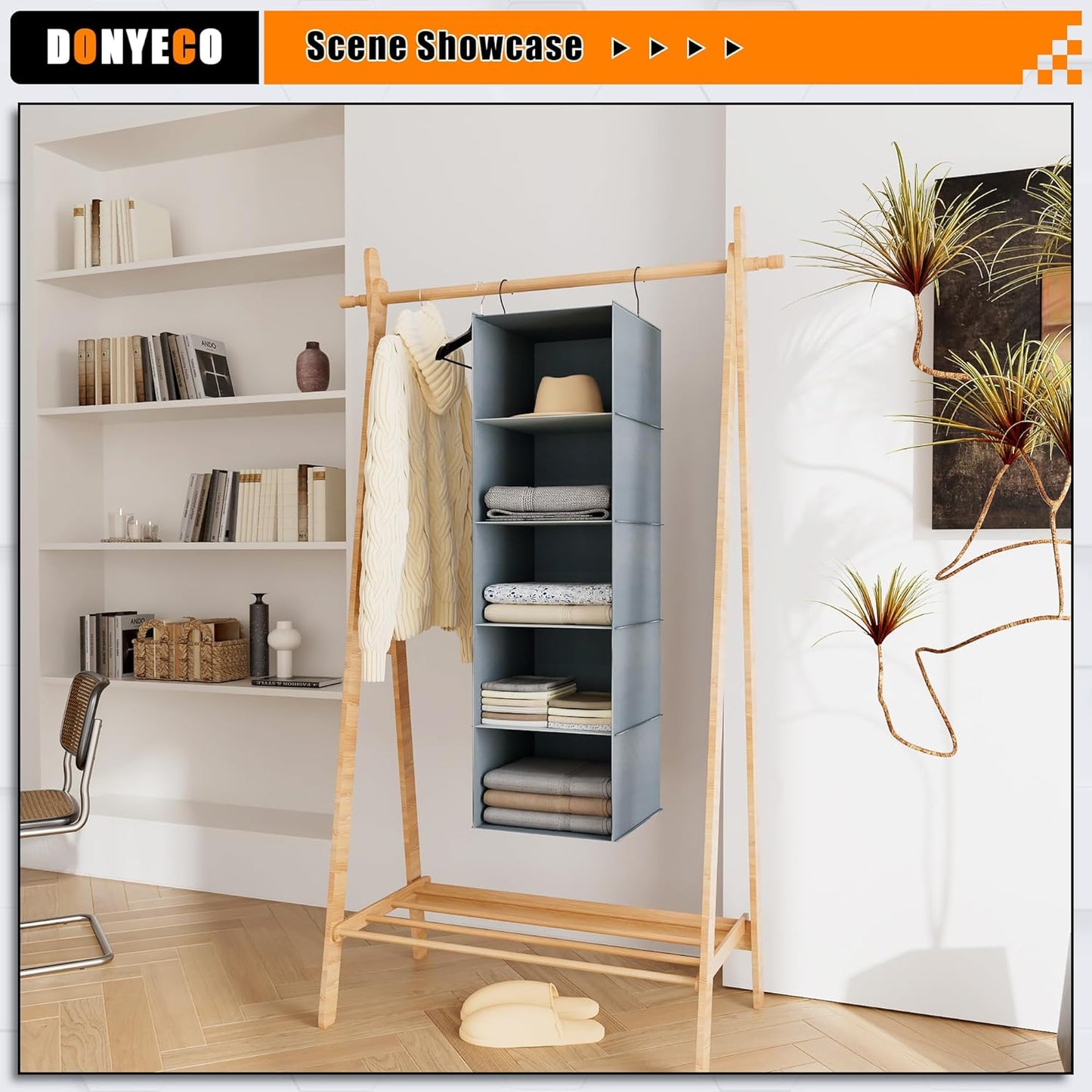 Hanging Closet Organizer 5-Shelf, Easy Mount Foldable Wardrobe Storage Shelves, Clothes Handbag Shoes Accessories, Washable Oxford Cloth Fabric, Gray