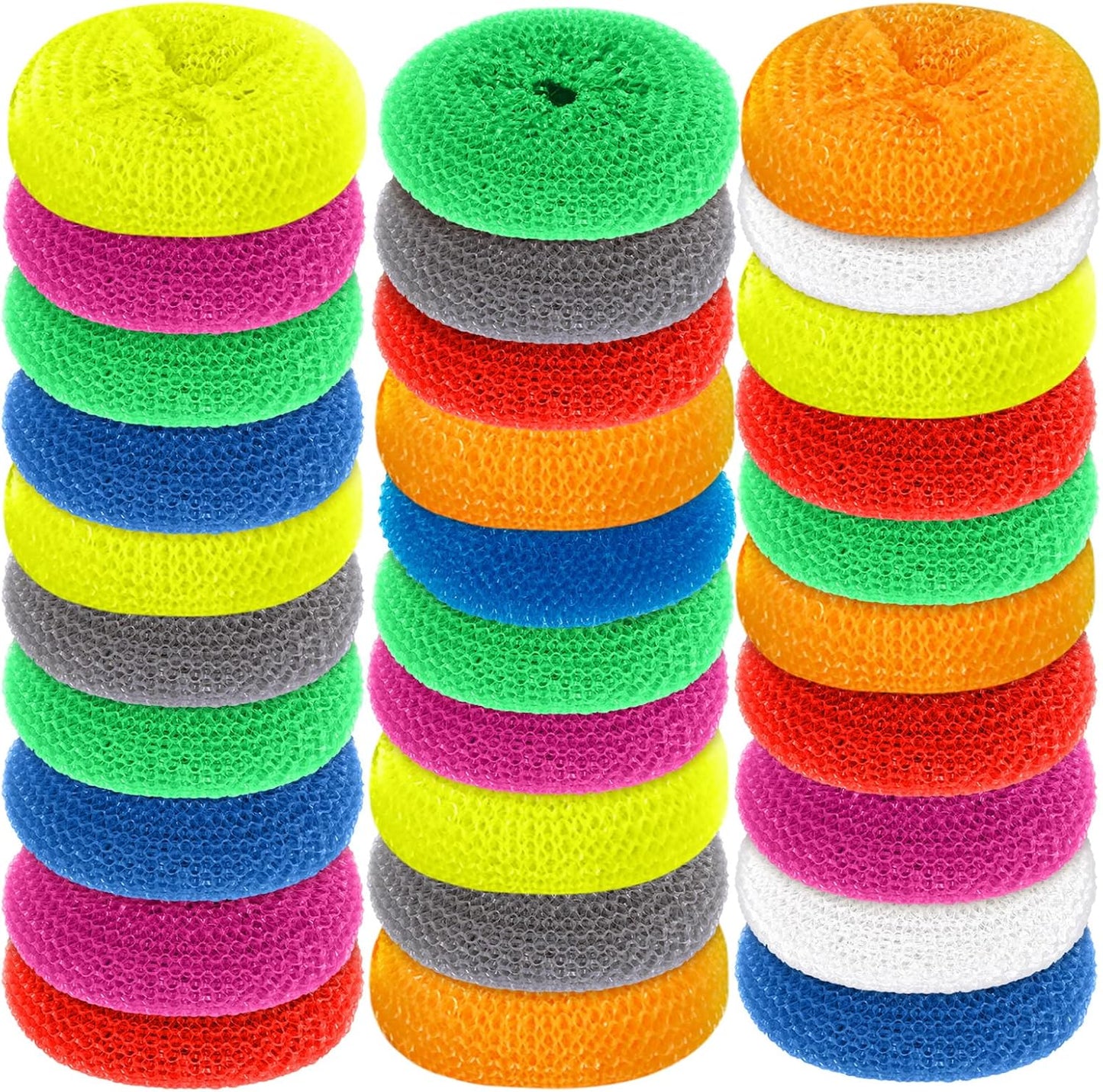 Blulu Plastic Dish Scrubbers for Dishes Pot Round Nylon Pad, Mesh Scouring Non Scratch Pads(Rainbow Colors,30 Pieces)