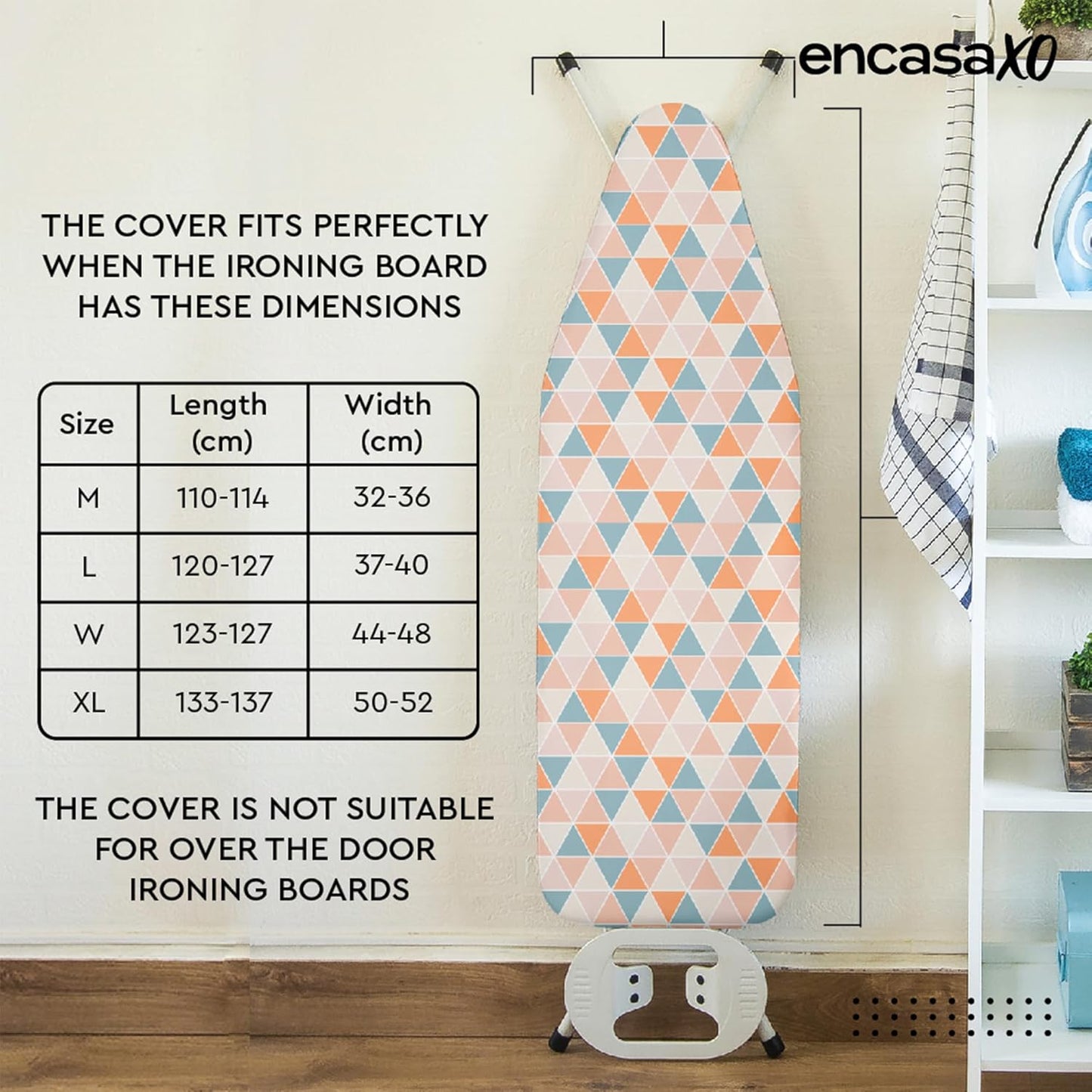 Encasa XO Ironing Board Cover and Pad - Thick 4mm Felt, Heat & Scorch-Resistant, Fits Medium Boards 42"x14", Elastic Bungee Cord Tightening, Easy Fit, Stain-Safe Dye, Triangles Aqua