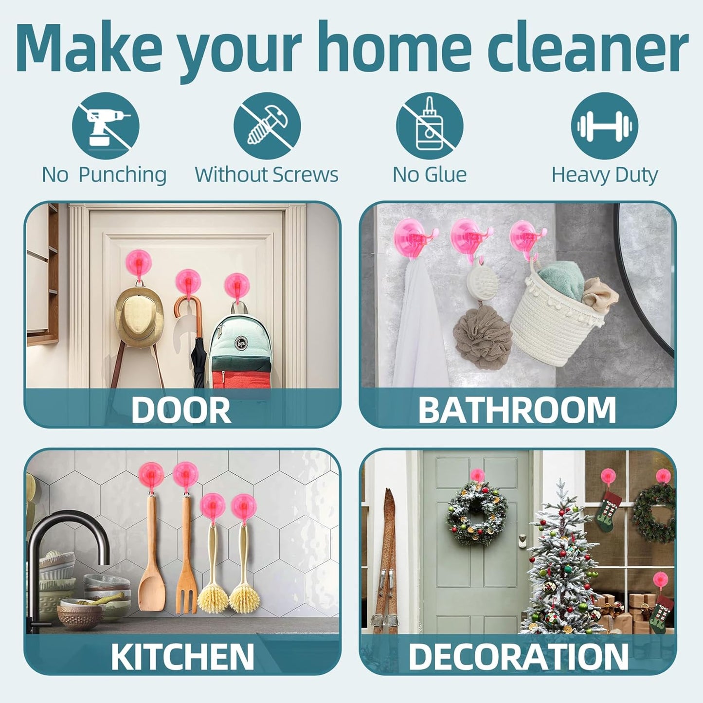 Antimbee Suction Cup Hooks,10 Pack Reusable Suction Cup Hangers,Removable Small Suction Cups for Shower,Bathroom,Glass,Door,Windows,Kitchen-Up to 11 lbs on Smooth Surface (Transparent Pink)