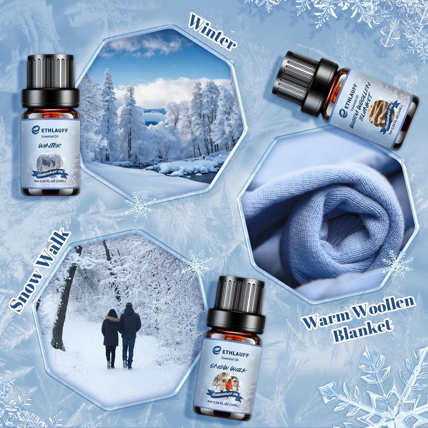 Essential Oils Set, Winter, Warm Woollen Blanket, Balsam Fir, Snow Walk, Sleigh Ride, Gingerbread