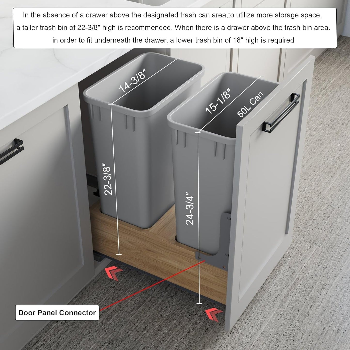 Dowell B18/B21 Wood Base Wastebasket Pullout with Two 50Qt Plastic Bins (4008 0218 50Qt X 2-18" W)