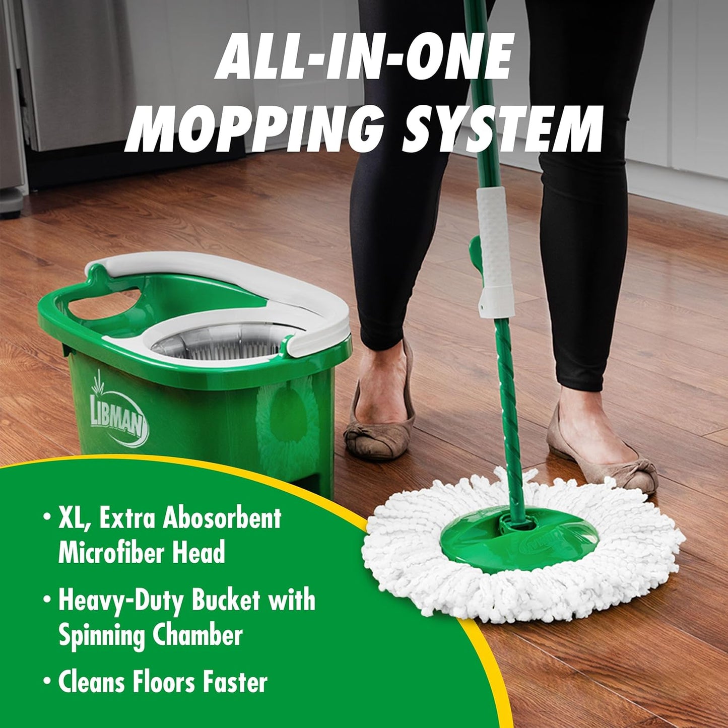 Libman Tornado Spin Mop System, Spinning Floor Mopping and Bucket with Wringer Set for Home, Hardwood, Laminate, Tile Cleaning, Includes 1 Machine Washable Replacement Head Refills (2 Total)