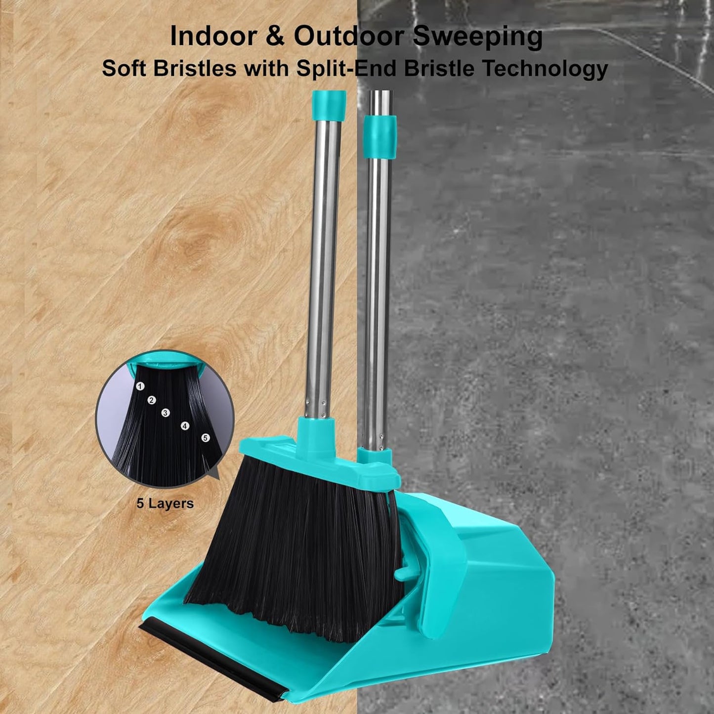 Upgrade Broom with Dustpan Combo Set, Broom and Dustpan Set with 51'' Long Handle, Large Upright Brooms and Dust Pans, ZeroGap Lip, Self-Cleaning Dustpan Teeth for Lobby and Restaurant - Blue