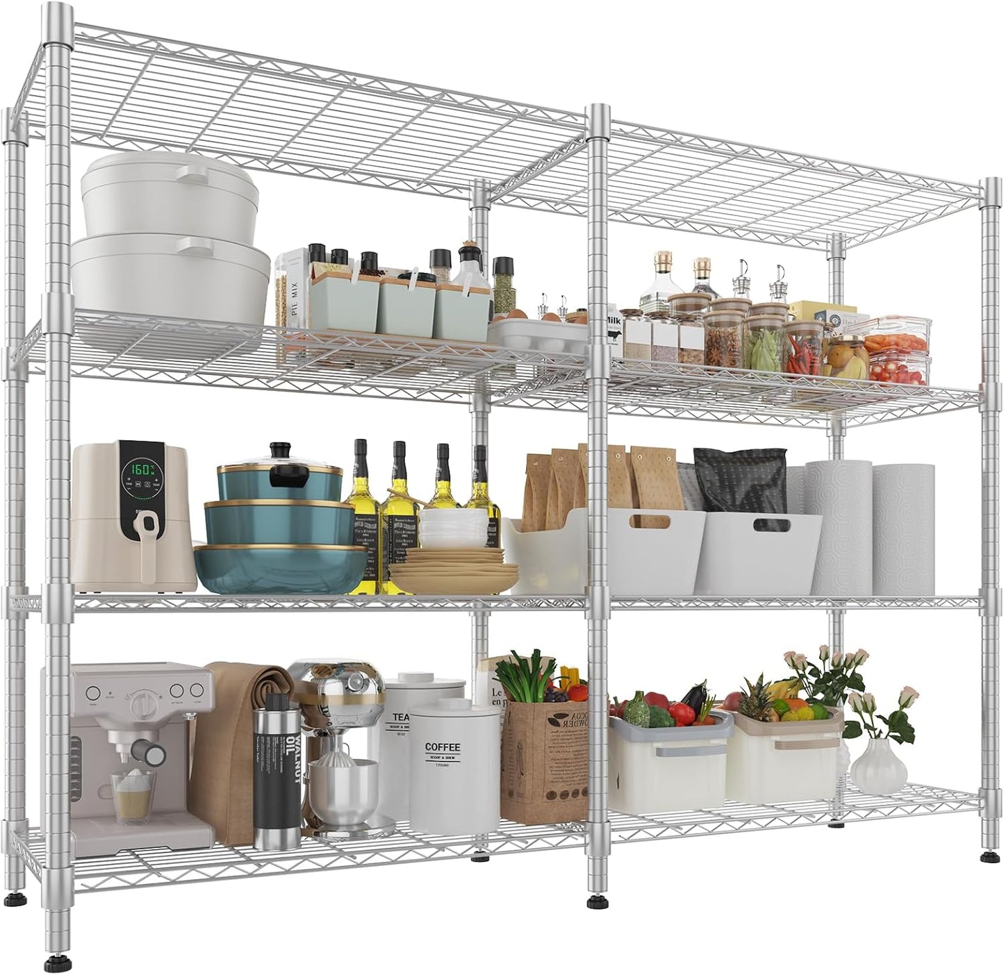 Himimi 4-Tier Adjustable Metal Shelving - 1600LBS Capacity, Heavy Duty Wire Organizer for Pantry, Kitchen, Garage, Laundry, 72" W x 18" D x 60" H, Silver