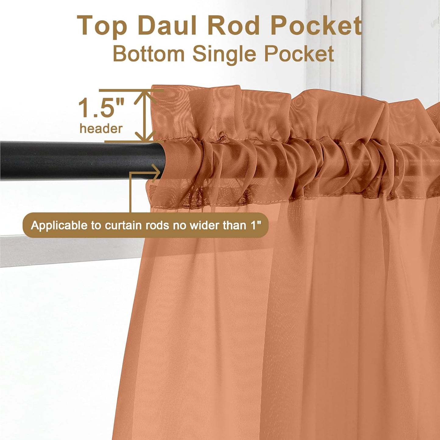 Chyhomenyc Orange Sheer Curtains 30 inch Length 2 Panels, Light Filtering Voile Rod Pocket Short Window Curtians for Bathroom Living Room Farmhouse Small Windows, 42Wx30L inches