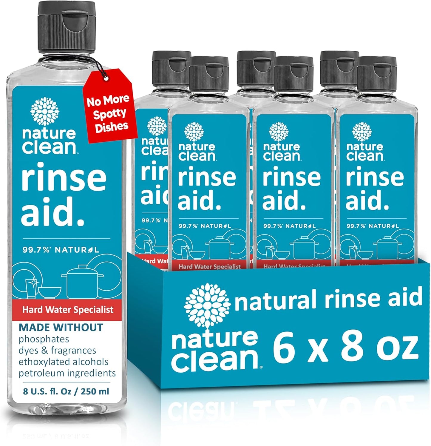 Nature Clean All Natural Dishwasher Rinse Aid Cleaner, Liquid Dishwasher Rinse Agent for Spot-Free Glass & Cutlery in Hard Water, Non Toxic Dish Washer Rinse Aid & Stain Remover, 8 oz/250ml, Pack of 6