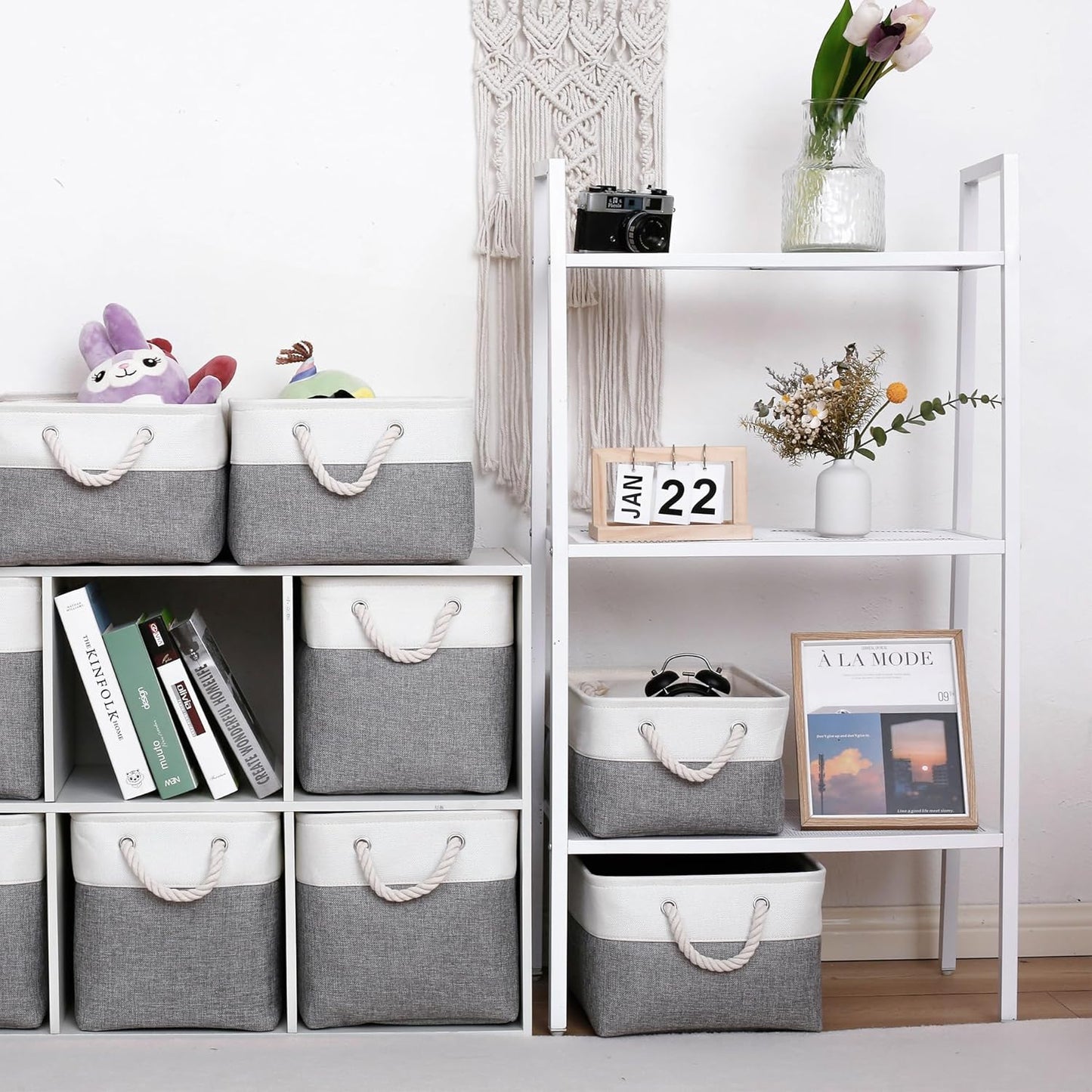 11 x 11 Inch Storage Cubes, 6 Pack Large Collapsible Fabric Storage Bin with Ropes, Foldable Storage Cubes for Home, Office,Closet, Clothes, Toys Organizer (White&Gray)