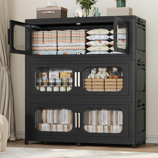 150GAL Extra Large Storage Bins with Lid, 600QT Storage Bins with Wheels, Folding Closet Organizer, Stackable Collapsible Plastic Storage Containers for Home, Office, Dorm, 3Pack Black