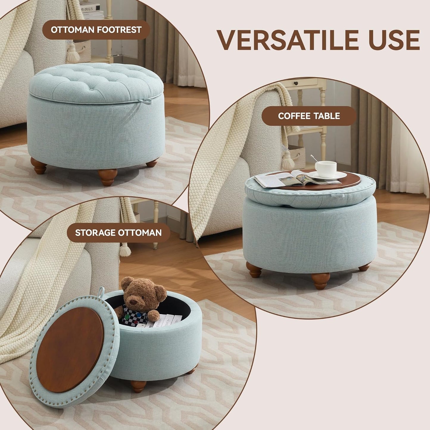 24Inch Round Storage Ottoman with Tray, Modern Tufted Fabric Circle Coffee Table with Storage, Upholstered Ottoman with Removable Top for Living Room, Bedroom, Light Blue