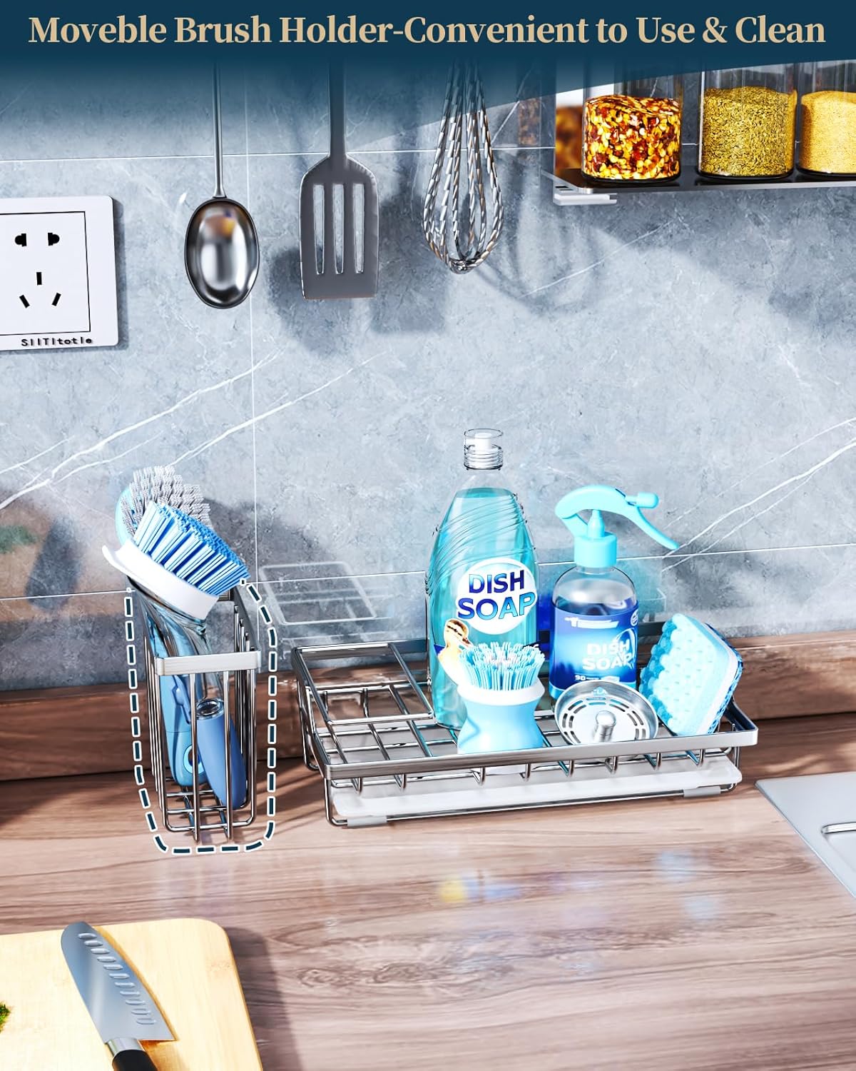 Consumest Sink Caddy, Kitchen Sponge Holder with Dish Brush Holder, Kitchen Sink Organizer with Drip Tray for Countertop Stainless Steel Rustproof, Silver-Large