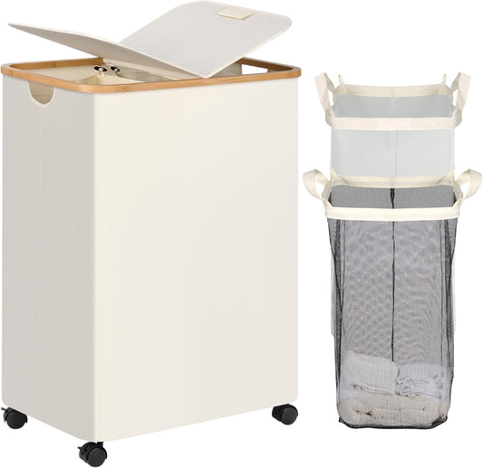 efluky Double Laundry Hamper with Wheels, Divided Laundry Hamper with Removable Bags, 2 Section Dirty Clothes Basket with Handles for Bathroom, Bedroom & Laundry Room, 160L Beige