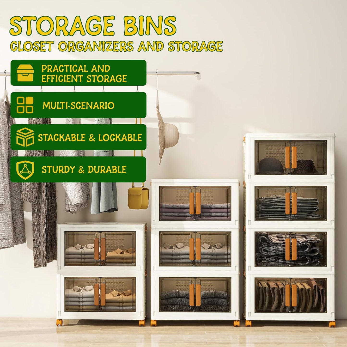 4 Tier Stackable Plastic Storage Bins with 1 Lid 45 QT/Tier, Collapsible Plastic Box Storage Bin with Wheels, Home Containers Boxes Closet Organizers for Living Room, Office, Dorm